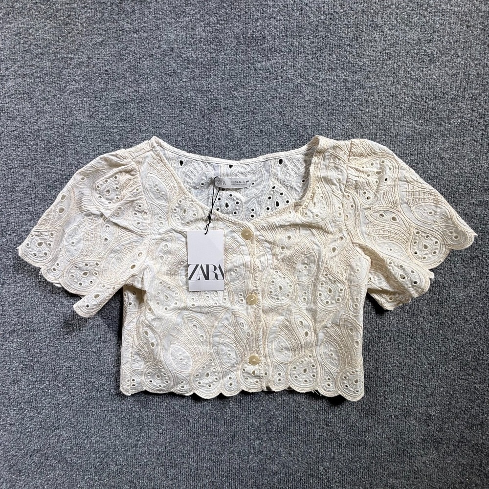 Zara White Eyelet Cotton Blouse Top Short Sleeve Button Front Size 13-14 164cm